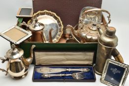 A BOX OF SILVER PLATE, ETC, including a Victorian silver plated melon shaped spirit kettle on stand,