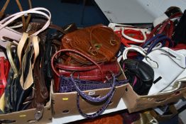 FOUR BOXES OF ASSORTED HANDBAGS, SHOULDER BAGS AND CLUTCH BAGS ETC, brands include Dents, Simon