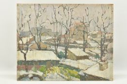 MARGUERITE ANNE SHARON D'OBREMER, (FRENCH 20TH CENTURY), WINTER TREES AND ROOFTOPS, a snowy winter