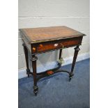 A LATE VICTORIAN MAPLE, ROSEWOOD AND MAHOGANY WORK TABLE, with a hinged lid, pink fabric to inner