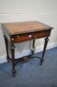 A LATE VICTORIAN MAPLE, ROSEWOOD AND MAHOGANY WORK TABLE, with a hinged lid, pink fabric to inner