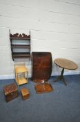 A SELECTION OF OCCASIONAL FURNITURE, to include an open fretwork wall shelf, with two drawers, width