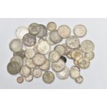 A BAG OF BRITISH SILVER COINS, pre 1947 coins to include Half Crowns, Crowns, One Florins, Six