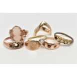 SEVEN RINGS, to include a double wishbone ring, a cameo ring, a small oval signet ring with engraved