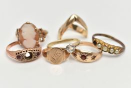SEVEN RINGS, to include a double wishbone ring, a cameo ring, a small oval signet ring with engraved