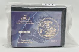 A ROYAL MINT 2003 GOLD PROOF SOVEREIGN COIN, in a sealed box of issue, mintage of 8,915