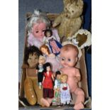 A BOX OF DOLLS AND A TEDDY BEAR, the dolls including a Norah Wellings style velvet doll with inset
