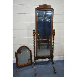 AN EARLY 20TH CENTURY OAK BARLEY TWIST CHEVAL MIRROR, with Marsh's furniture depositories labelled
