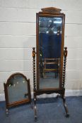 AN EARLY 20TH CENTURY OAK BARLEY TWIST CHEVAL MIRROR, with Marsh's furniture depositories labelled