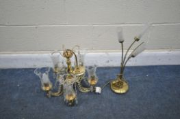 A BRASS FIVE BRANCH CEILING LIGHT, with glass shades, a table lamp, and a modern gilt framed wall