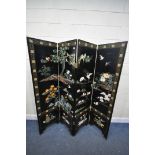 AN ORINETAL EBONISED FOUR FOLD FLOOR STANDING SCREEN, with chinoiserie detail, overall width 184cm x