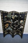 AN ORINETAL EBONISED FOUR FOLD FLOOR STANDING SCREEN, with chinoiserie detail, overall width 184cm x