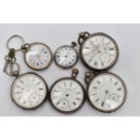 THREE SILVER OPEN FACE POCKET WATCHES AND THREE LADYS POCKET WATCHES, three open face pocket