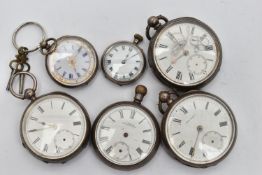 THREE SILVER OPEN FACE POCKET WATCHES AND THREE LADYS POCKET WATCHES, three open face pocket