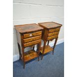 A PAIR OF FRENCH BURR WALNUT AND WALNUT THREE DRAWER BEDSIDE TABLES, on shaped supports, united by