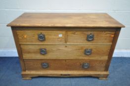 AN ARTS AND CRAFTS SOLID OAK CHEST OF TWO SHORT OVER TWO LONG DRAWERS, on bracket feet, width