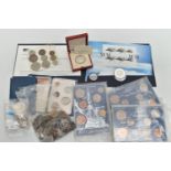 A BOX OF MIXED COINS, to include silver content coinage, 20th Century year sets, a millenium