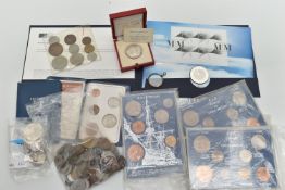 A BOX OF MIXED COINS, to include silver content coinage, 20th Century year sets, a millenium
