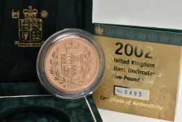A BOXED ROYAL MINT BRILLIANT UNCIRCULATED 2002 GOLD FIVE POUND COIN, with the one year Timothy