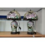 TWO MODERN LEADED GLASS TABLE LAMPS, each having a leaded glass body and matching shade, height
