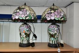 TWO MODERN LEADED GLASS TABLE LAMPS, each having a leaded glass body and matching shade, height