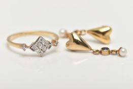 A 9CT GOLD DIAMOND RING AND A PAIR OF EARRINGS, the ring of a diamond shape set with nine small