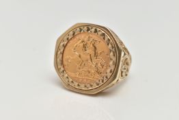 A 9CT GOLD HALF SOVEREIGN RING, half sovereign dated 1982, collet set in a textured mount,