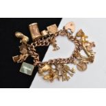 A 9CT GOLD CHARM BRACELET, curb link bracelet each hollow link stamped 9c, fitted with nineteen