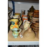 A COLLECTION OF JUGS AND VASES, comprising a brown and white West German vase impressed marks to