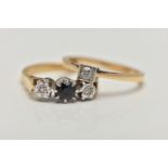 TWO RINGS, to include an 18ct gold three stone ring, set with a central circular cut deep blue