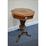 A VICTORIAN WALNUT OCTAGONAL TRUMPET SEWING TABLE, enclosing a fitted interior, on a shaped