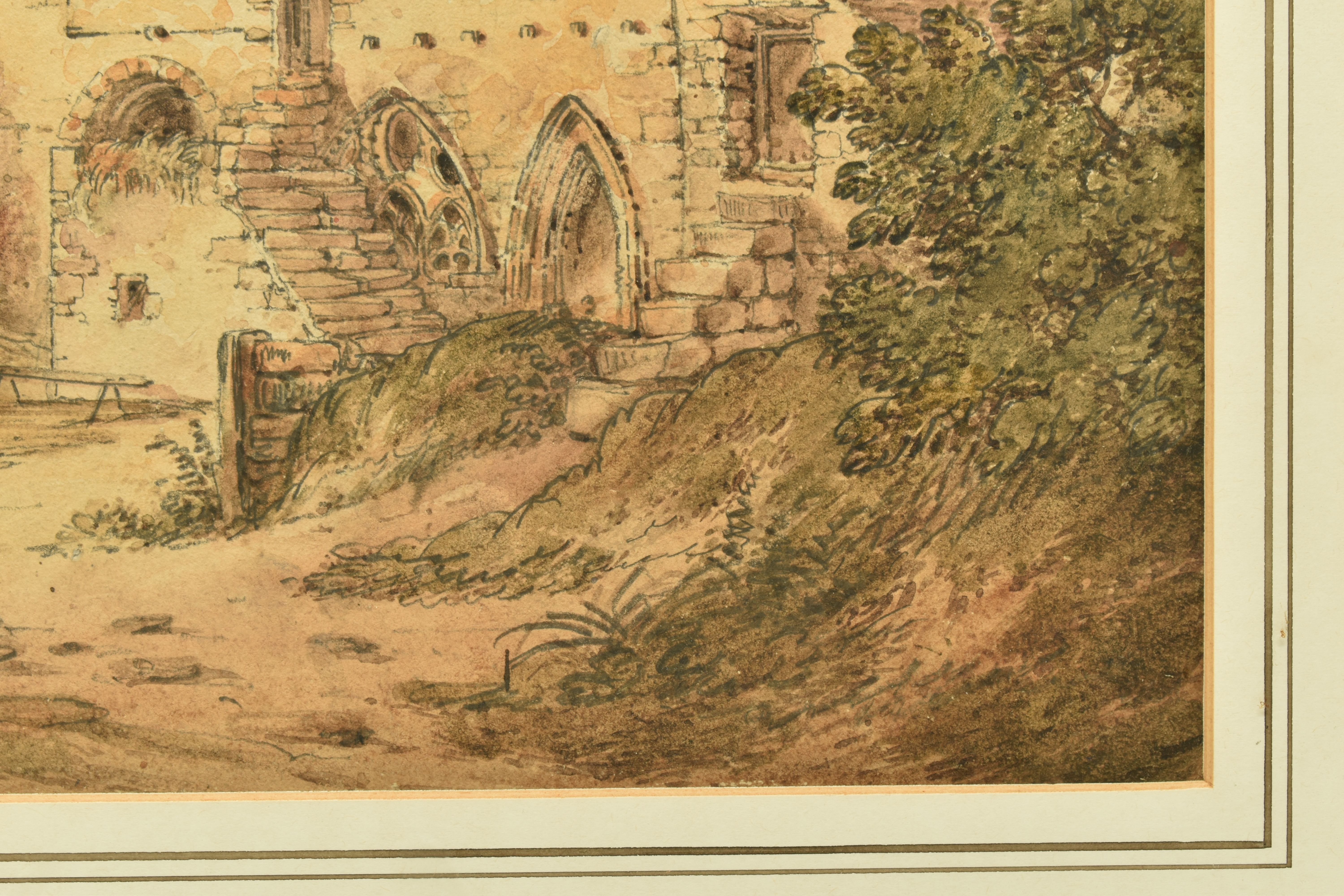 ATTRIBUTED TO JAMES BOURNE (1773-1854), 'VALLE CRUCIS ABBEY', a Welsh landscape near Llangollen, - Image 5 of 8