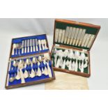 TWO MID 20TH CENTURY WOODEN CASED CANTEENS OF CUTLERY, a 24 piece stainless steel set and a 24 piece