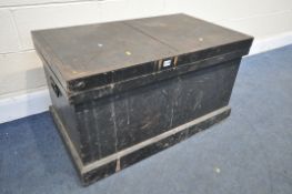 A VINTAGE EBONISED AND IRON BANDED CARPENTERS TOOL CHEST, with iron handles, width x 93cm, depth x