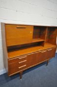A MID CENTURY TEAK HIGHBOARD, with an arrangement of drawers and shelves, width 183cm x depth 43cm x