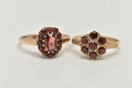 TWO 9CT GOLD GARNET RINGS, the first a flower cluster, hallmarked 9ct Birmingham, ring size K, the