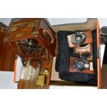 A SMALL QUANTITY OF VINTAGE WOODEN CAMERA EQUIPMENT, including 'The Sanderson H. Ltd London'
