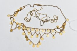 A YELLOW METAL ARABIC NECKLACE, yellow metal trace chain, fitted with decorative coins embossed with