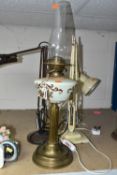 A COLLECTION OF LAMPS, comprising a Victorian oil lamp, height 63cm to top of chimney, a cream