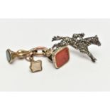 THREE GOLD PLATED FOB SEALS AND A MARCASITE BROOCH, larger fob seal set with a carnelian intaglio, a