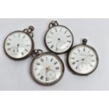 FOUR SILVER OPEN FACE POCKET WATCHES, all open face pocket watches, all with full silver hallmarks