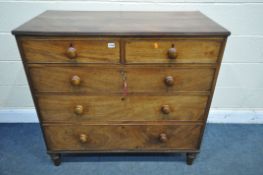 A GEORGIAN MAHOGANY CHEST OF TWO SHORT OVER THREE LONG DRAWERS, with turned handles and feet,