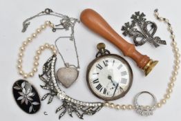 A SILVER POCKET WATCH AND OTHER ASSORTED ITEMS, hand wound movement, white dial, Roman numerals,
