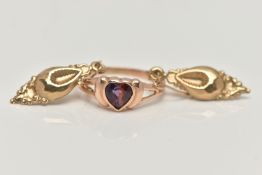 A YELLOW METAL RING AND A PAIR OF DROP EARRINGS, the ring set with a heart cut amethyst, collet