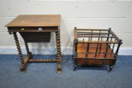 A VICTORIAN MAHOGANY SEWING TABLE, with a fitted interior, on bobbin turned supports, united by a
