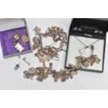 TWO CHARM BRACELETS, TWO PENDANT NECKLACES AND A BROOCH, two charm bracelets, one has each link