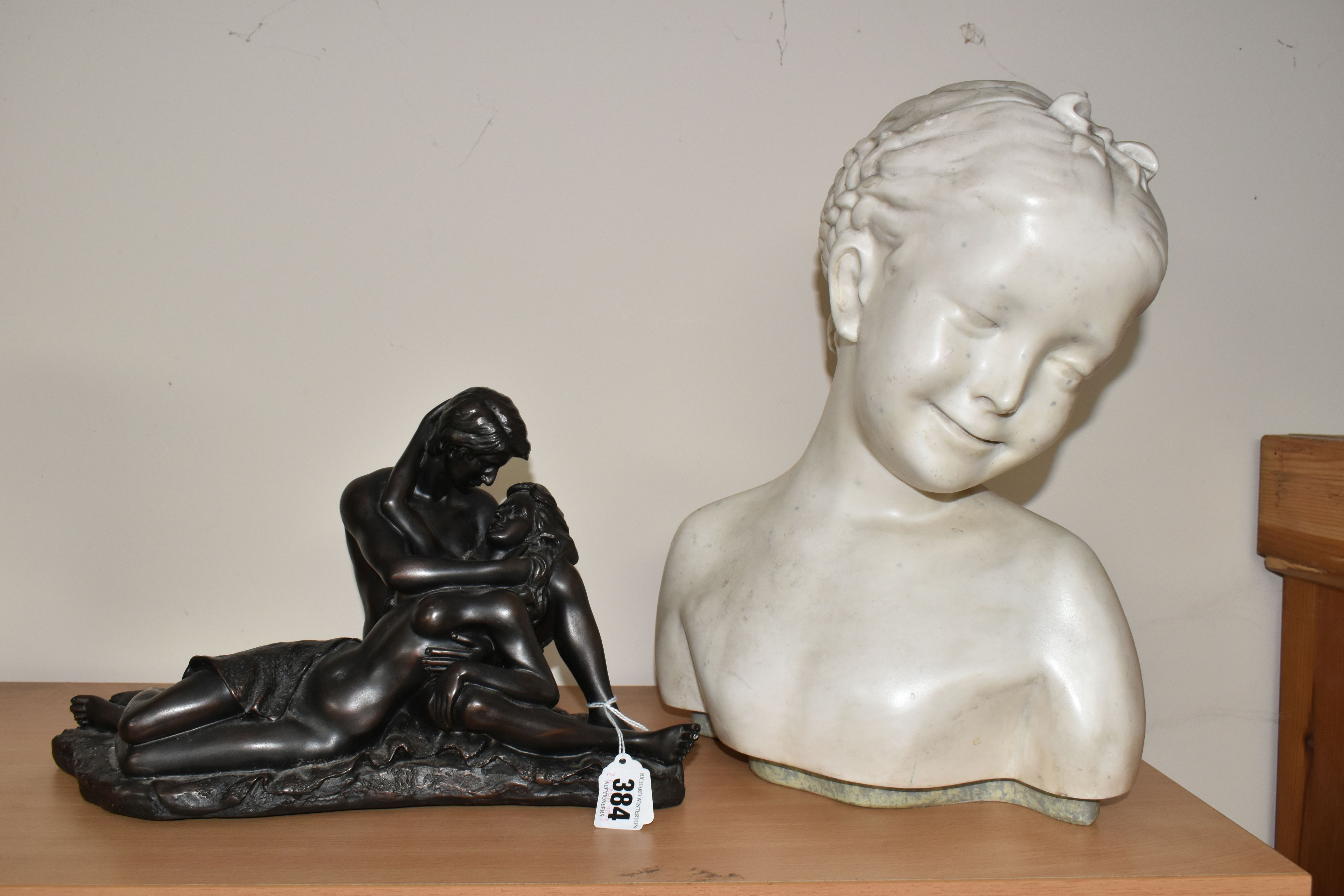 A BUST OF A YOUNG GIRL AND A FIGURE GROUP, comprising a modern resin bust of a young girl by House