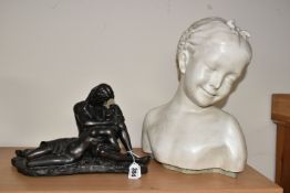 A BUST OF A YOUNG GIRL AND A FIGURE GROUP, comprising a modern resin bust of a young girl by House