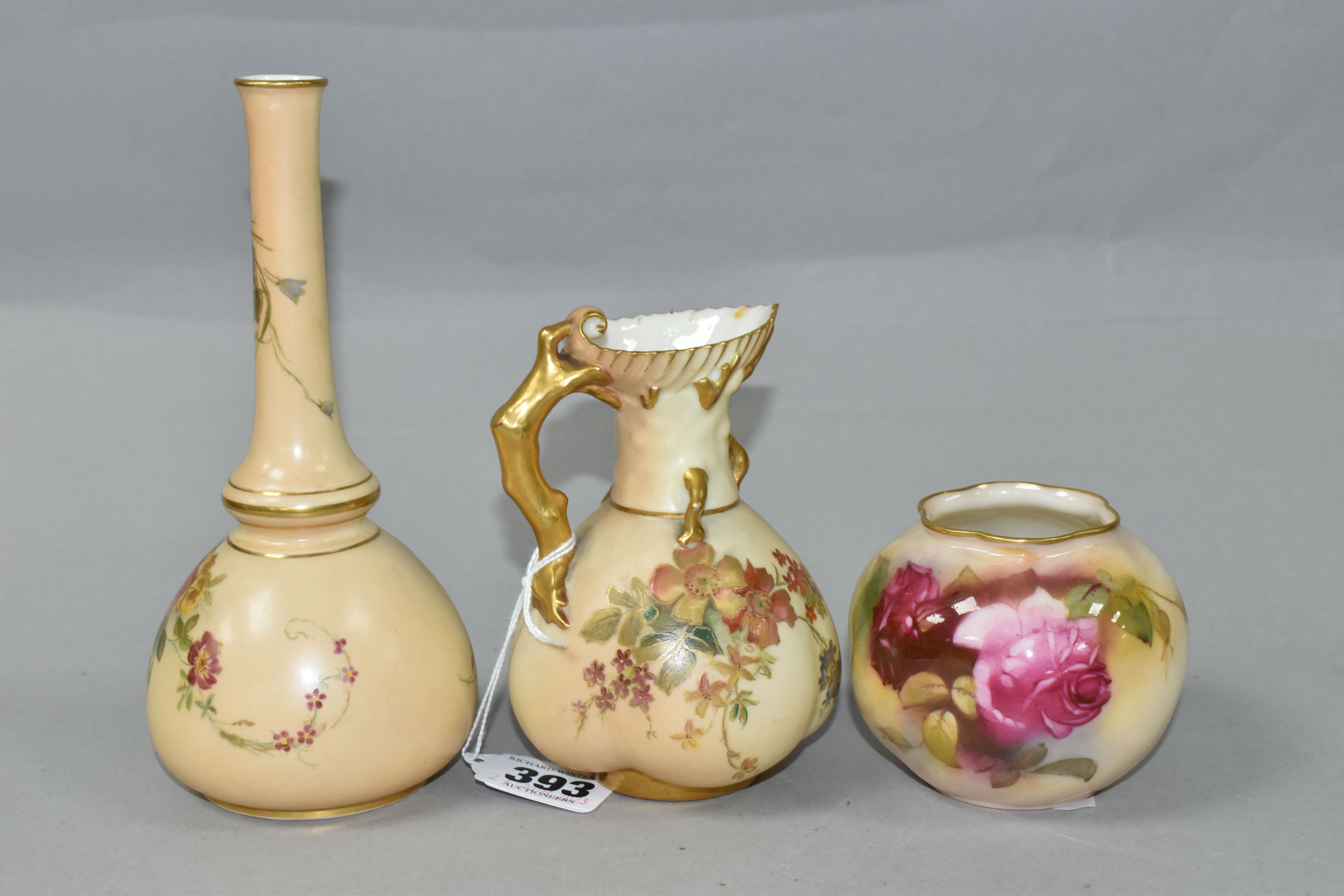 THREE PIECES OF ROYAL WORCESTER BLUSH IVORY PORCELAIN, comprising a jug with fluted rim and gilt
