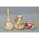 THREE PIECES OF ROYAL WORCESTER BLUSH IVORY PORCELAIN, comprising a jug with fluted rim and gilt